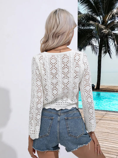 Openwork Drawstring V-Neck Long Sleeve Cover-Up - Byyde