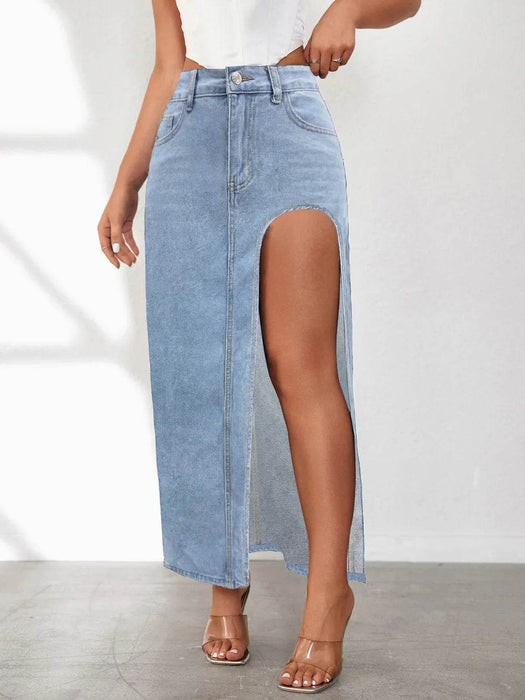High Rise Slit Denim Skirt - Byyde