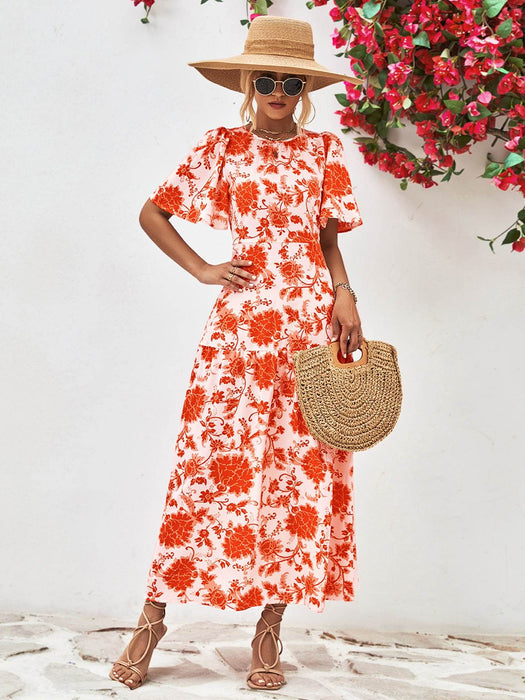 Floral Round Neck Tied Open Back Dress - Byyde