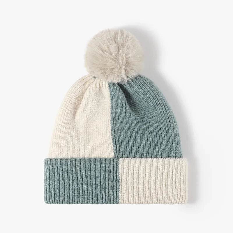 Color Block Knit Hat with Pom-pom - Byyde