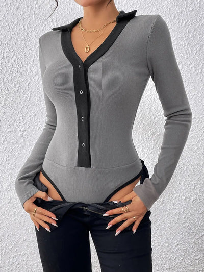 Perfee Contrast Trim Johnny Collar Long Sleeve Bodysuit - Byyde