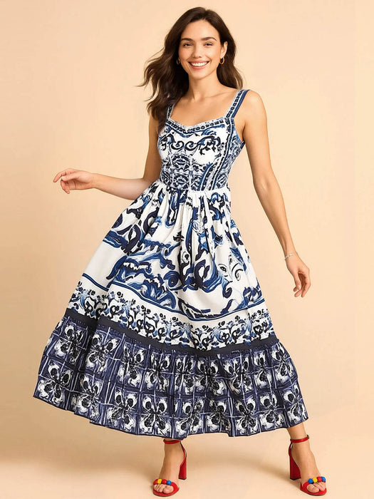 Full Size Printed Sweetheart Neck Maxi Cami Dress Plus Size - Byyde