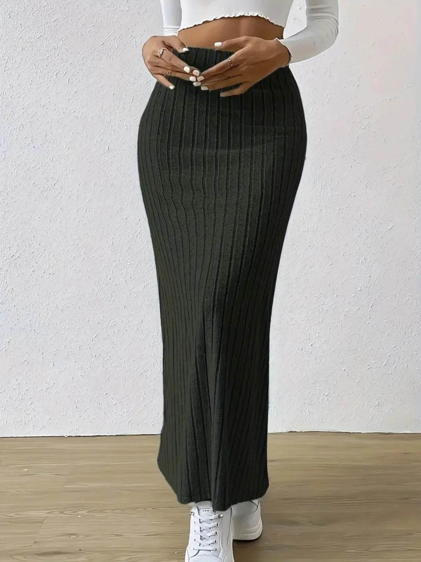 High Waist Ribbed Knit Maxi Skirt - Byyde