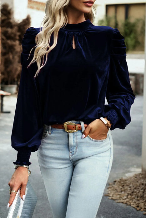 Tie Up Mock Neck Velvet Fabric Long Sleeve Blouse - Byyde