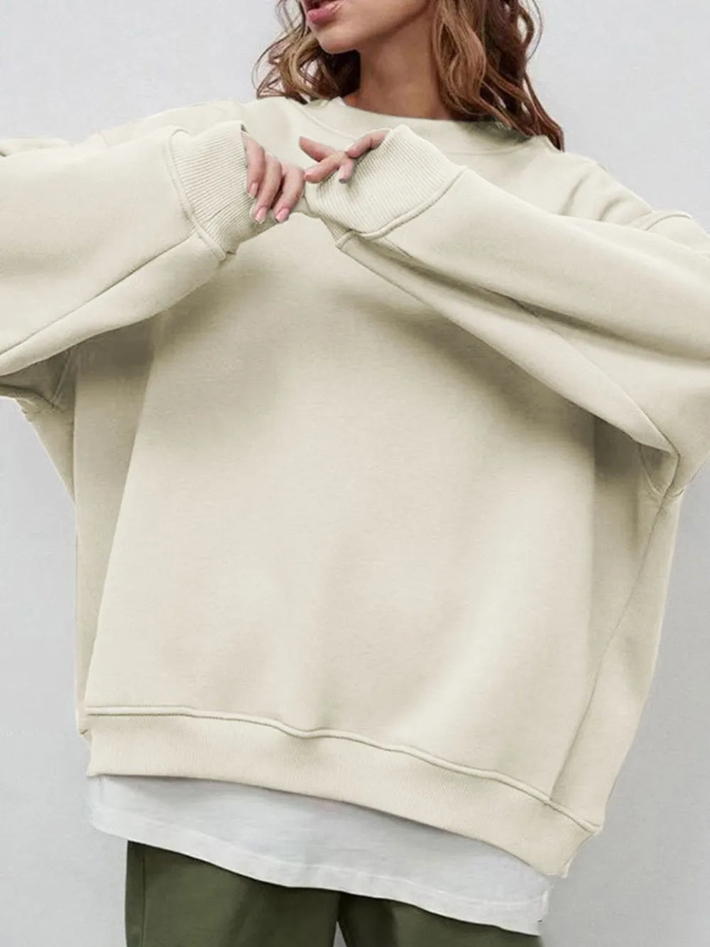 Round Neck Dropped Shoulder Long Sleeve Sweatshirt - Byyde