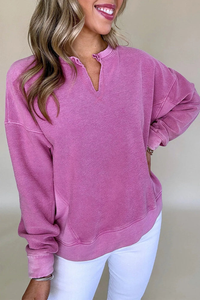 Notched Drop Shoulder Long Sleeve Sweatshirt - Byyde