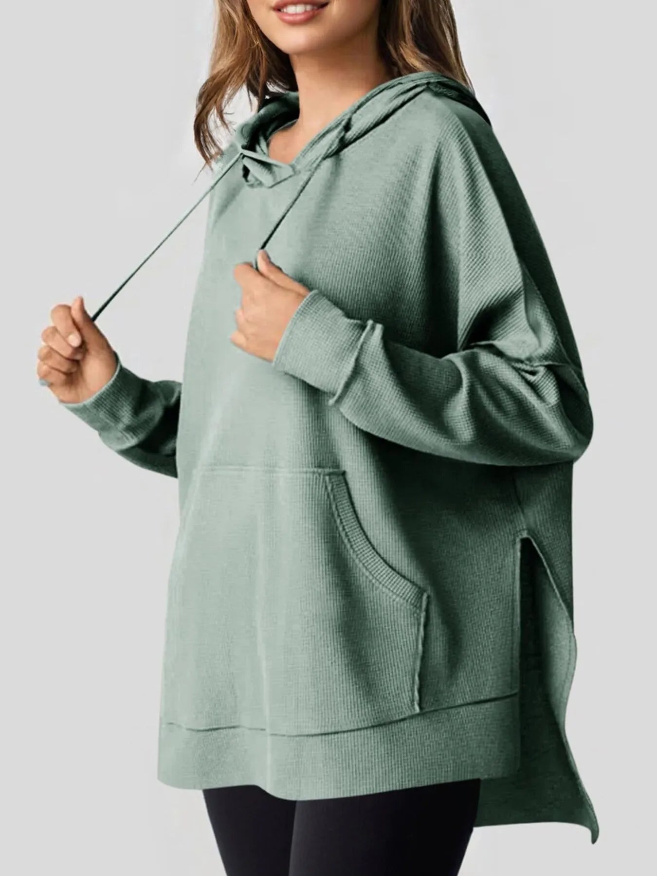 Slit Drawstring Waffle Knit Hoodie - Byyde