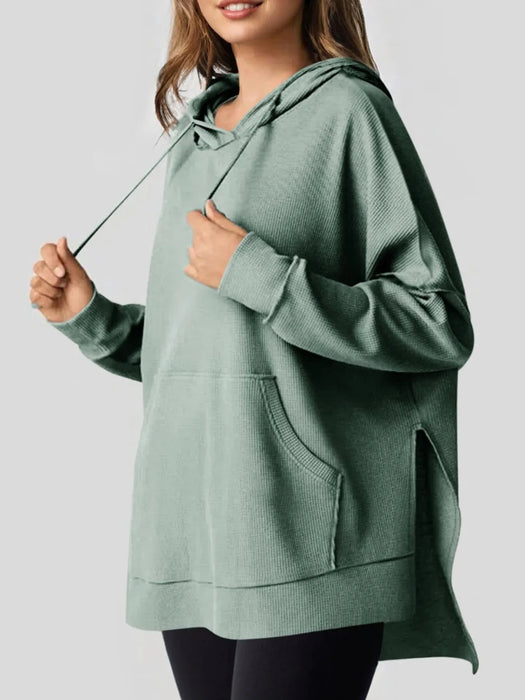 Slit Drawstring Waffle Knit Hoodie - Byyde
