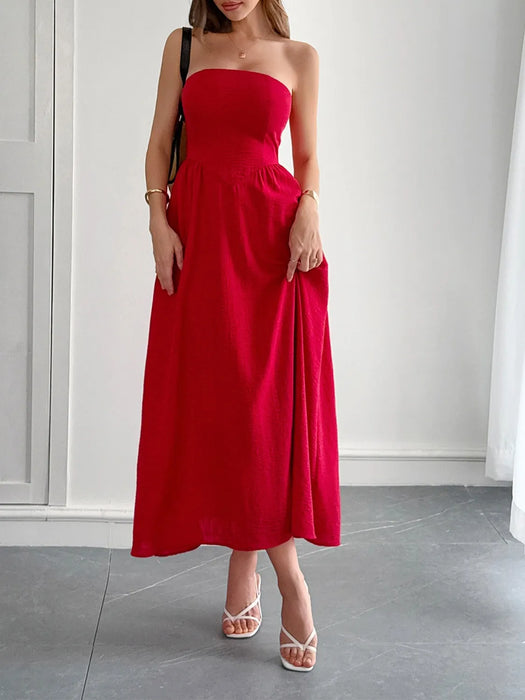 Strapless A-Line Midi Dress with Pockets - Byyde