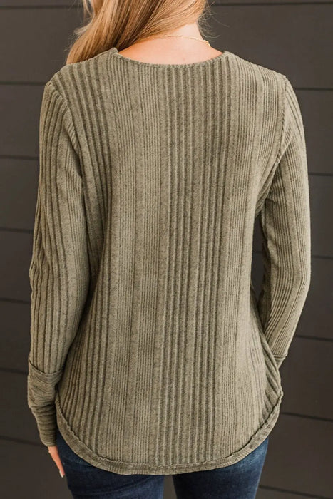 Ribbed Buttoned Long Sleeve Blouse - Byyde