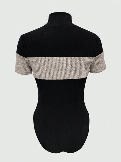 Color Block Turtleneck Ribbed Bodysuit - Byyde