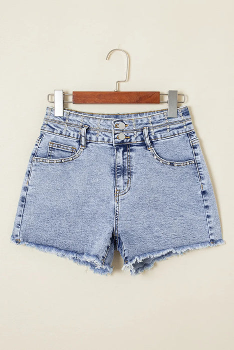 Rhinestone Light Wash Raw Hem High Waist Denim Shorts - Byyde