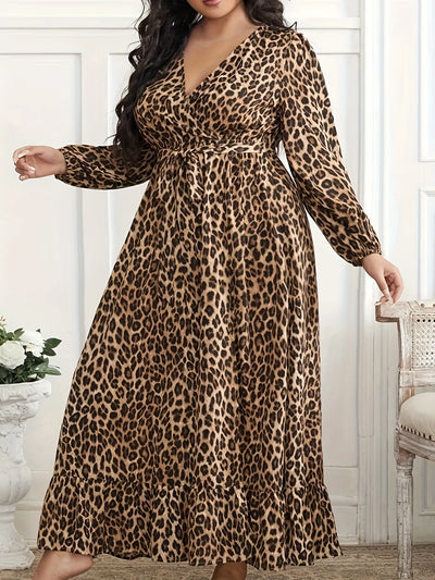 Plus Size Leopard Print Surplice Maxi Dress - Byyde