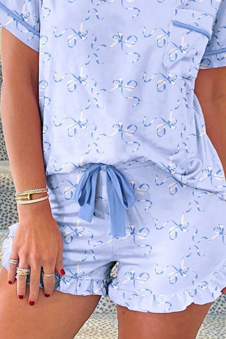 Bow Print Short Sleeve Top and Shorts Pajama Set - Byyde