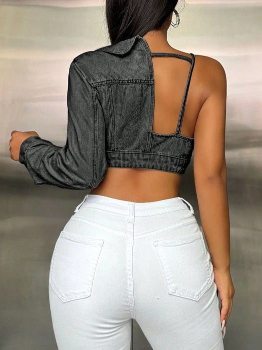 One Shoulder Long Sleeve Cropped Denim Top - Byyde