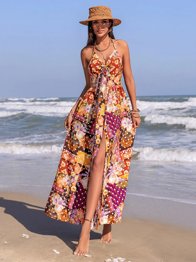 Slit Printed Halter Neck Cami Dress - Byyde
