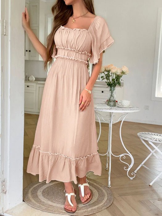 Square Neck Puff Sleeve Ruffle Trim Maxi Dress - Byyde