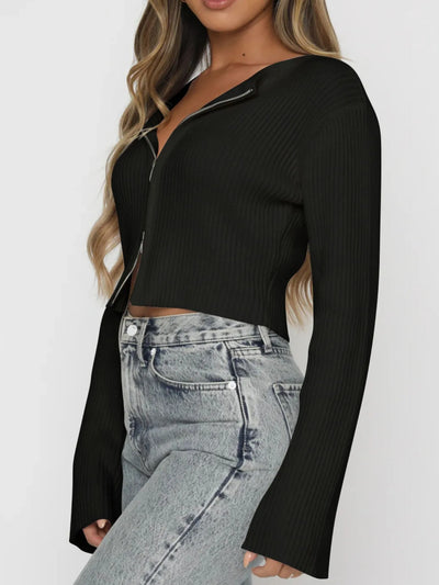 Ribbed Zip-Up Cropped Cardigan - Byyde