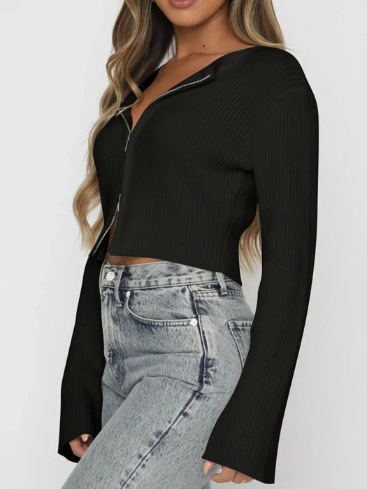 Ribbed Zip-Up Cropped Cardigan - Byyde
