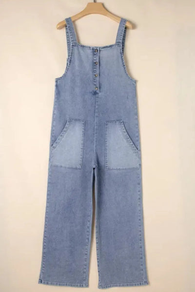 Wide Strap Denim Overalls with Pockets - Byyde