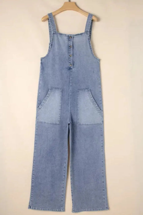 Wide Strap Denim Overalls with Pockets - Byyde