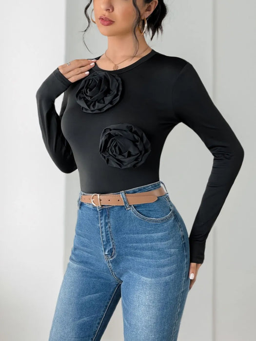 Perfee Flower Round Neck Long Sleeve Bodysuit - Byyde