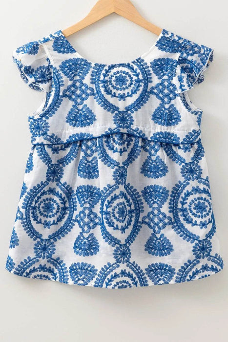 Boho Print Ruffled Cap Sleeve Crew Neck Blouse - Byyde