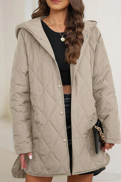 Snap Down Long Sleeve Quilted Winter Coat - Byyde