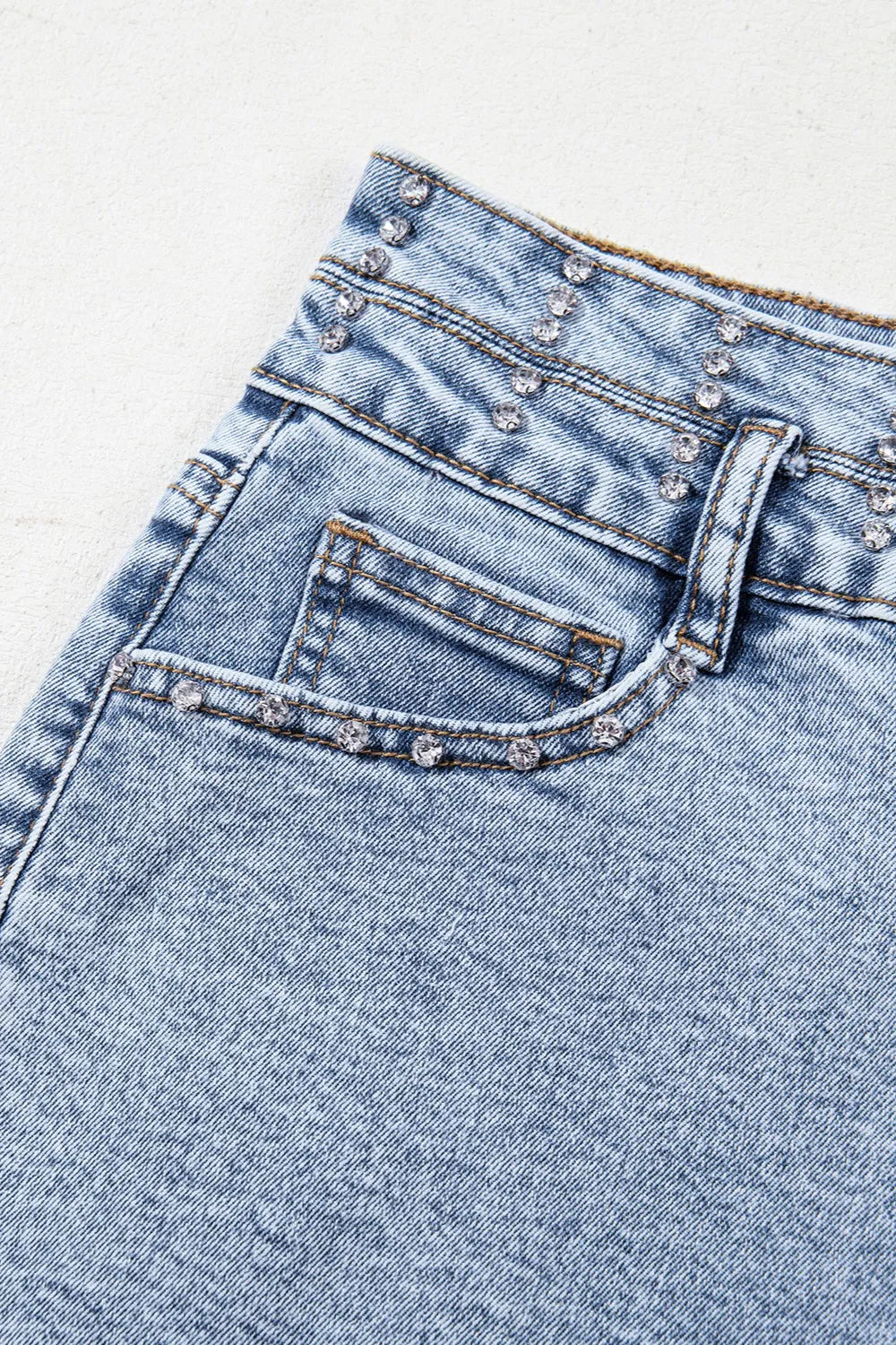 Rhinestone Light Wash Raw Hem High Waist Denim Shorts - Byyde