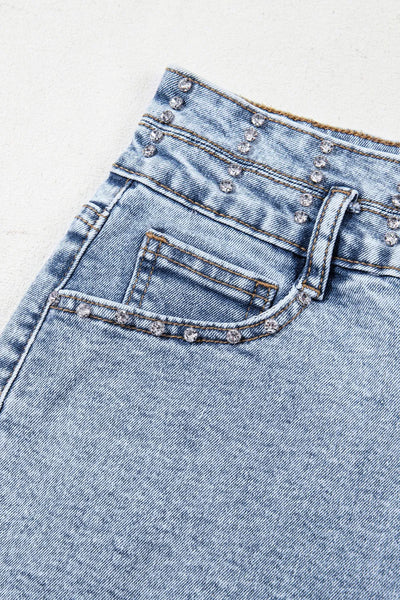 Rhinestone Light Wash Raw Hem High Waist Denim Shorts - Byyde