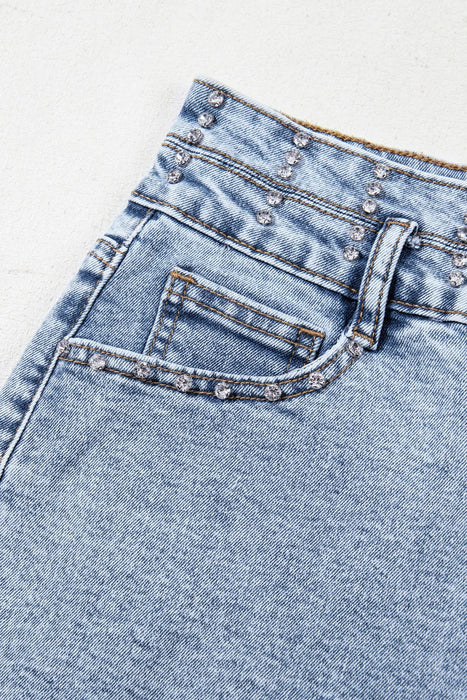 Rhinestone Light Wash Raw Hem High Waist Denim Shorts - Byyde