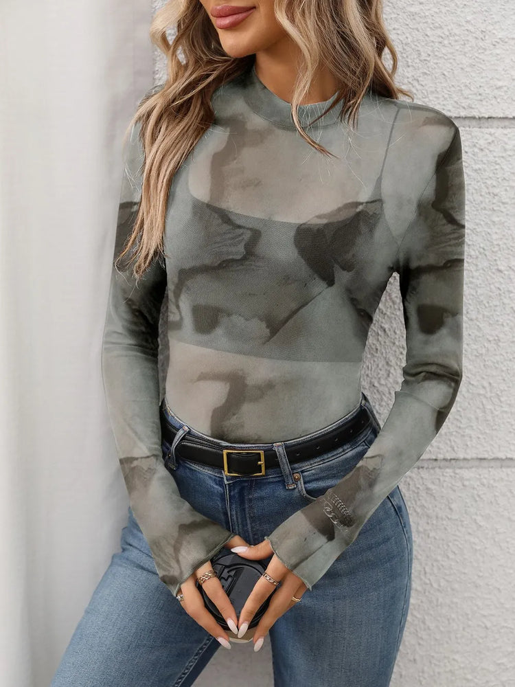 Printed Mock Neck Long Sleeve Mesh T-Shirt - Byyde