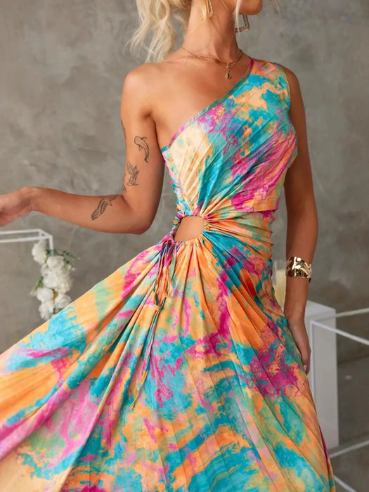 Printed One Shoulder Asymmetrical Maxi Dress - Byyde