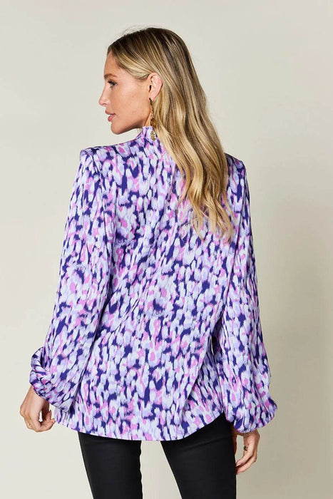 Double Take Full Size Printed Ruffle Trim Balloon Sleeve Shirt - Byyde