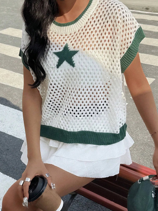 Star Pattern Mesh Knit Short Sleeve Knit Top - Byyde