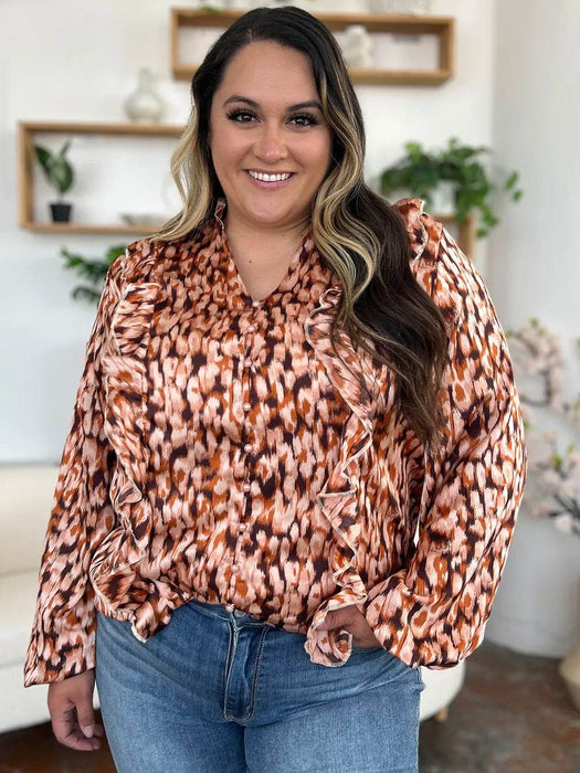 Double Take Full Size Printed Ruffle Trim Balloon Sleeve Shirt - Byyde