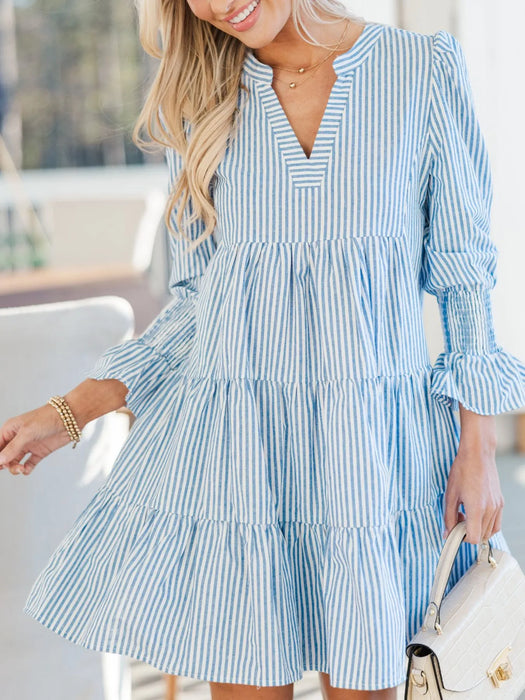 Striped Tiered Flounce Sleeve Shirt Dress - Byyde