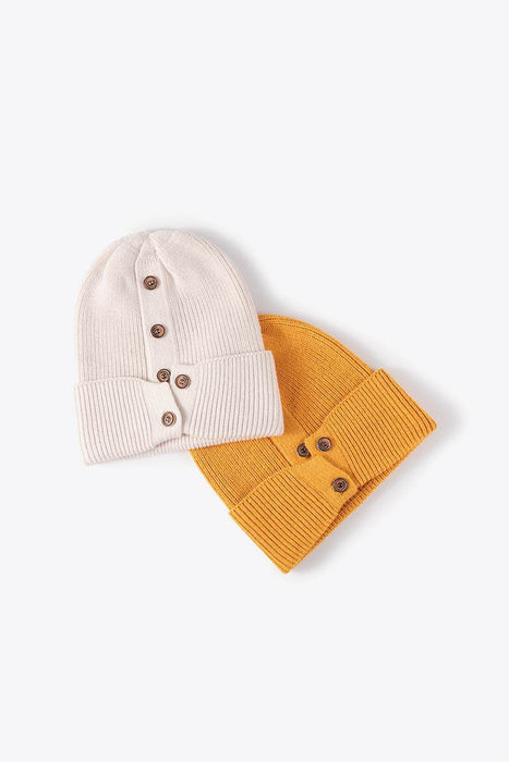 Button Detail Rib-Knit Cuff Beanie - Byyde