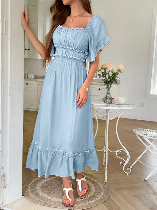 Square Neck Puff Sleeve Ruffle Trim Maxi Dress - Byyde