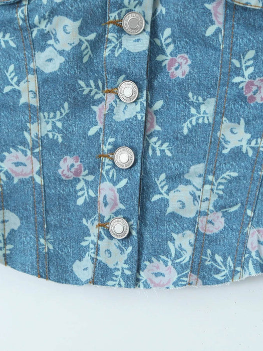 Floral Print Strapless Top and Skort Denim Set - Byyde