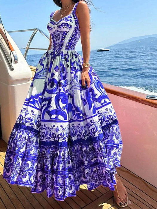 Full Size Printed Sweetheart Neck Maxi Cami Dress Plus Size - Byyde