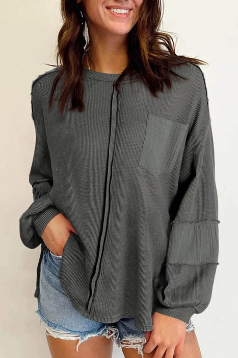 Exposed Seam Round Neck Long Sleeve Sweatshirt - Byyde