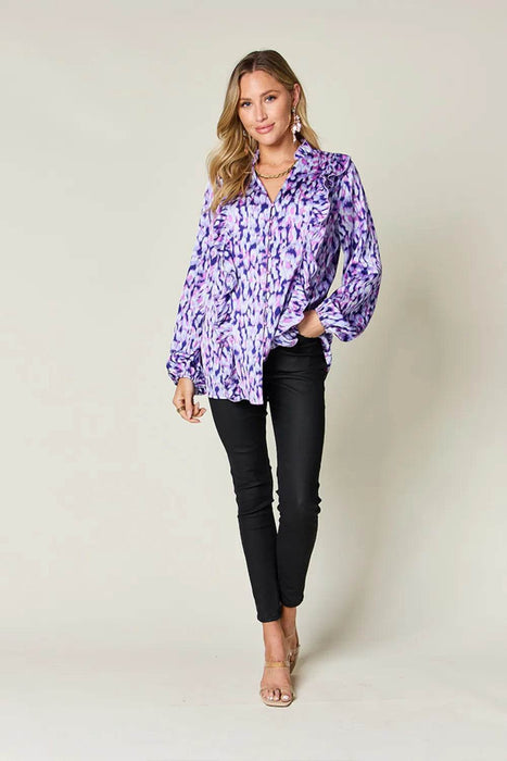 Double Take Full Size Printed Ruffle Trim Balloon Sleeve Shirt - Byyde