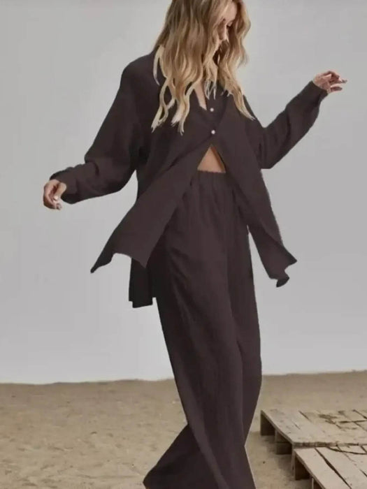 Button Up Long Sleeve Shirt and Pants Set - Byyde