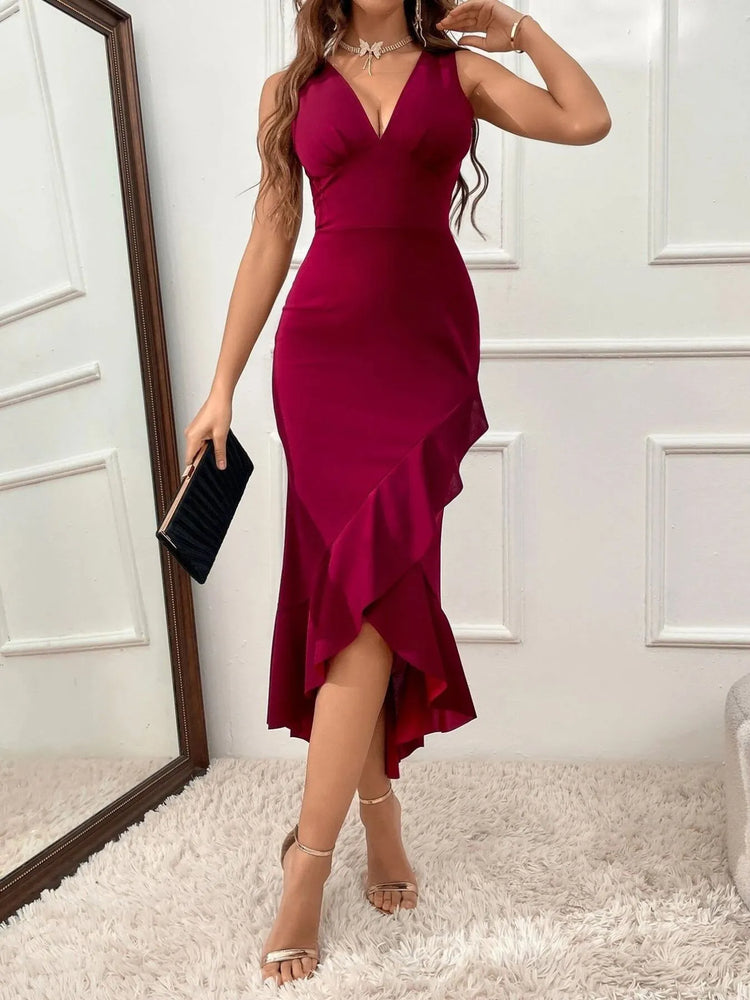 Ruffle Hem V-Neck Bodycon Dress - Byyde