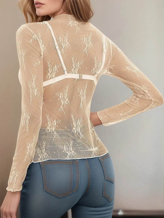 Floral Mock Neck Long Sleeve Mesh Top - Byyde