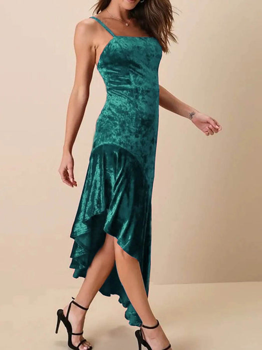 Asymmetrical Velvet Cami Dress with Ruffle Hem - Byyde