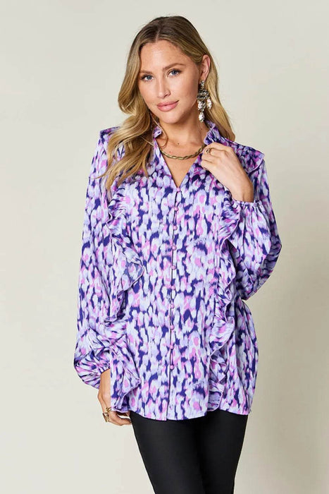 Double Take Full Size Printed Ruffle Trim Balloon Sleeve Shirt - Byyde