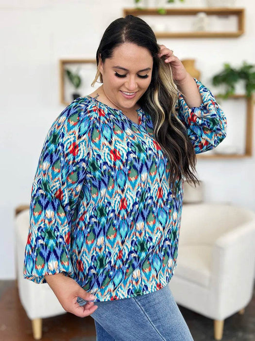 Double Take Full Size Printed Balloon Sleeve Blouse - Byyde