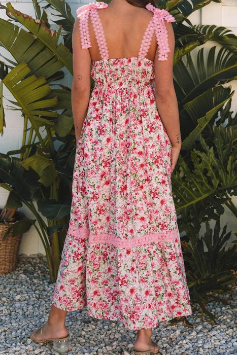 Floral Lace Tied Strap Square Neck Dress with Pockets - Byyde